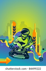 Abstract vector illustration of a dj playing tunes on a colorful background