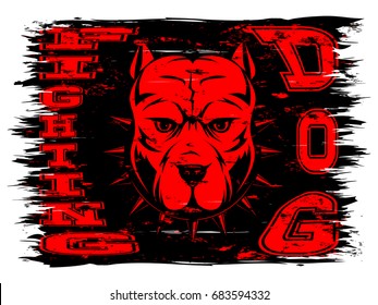 Abstract vector illustration dog on grunge background. Head of dog breed pit bull in collar with spikes. Inscription fighting dog.