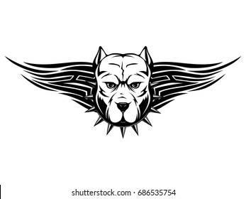 Abstract vector illustration dog on tribal wings. Head of dog breed pit bull in collar with spikes. 
