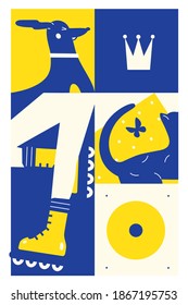 abstract vector illustration with a dog, roller skates and a cat