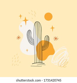 Abstract vector illustration with doodle cactus, stars, sun and doodle elements. Trendy apparel print design, home decoration poster