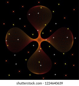 Abstract vector illustration of dots and lines in a floral pattern. Red and yellow lines in the shape of flower petals. Shiny star shapes design in white, red and yellow color. Black background.