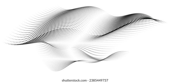 An abstract vector illustration, dots in motion by curve lines, particles flow wave isolated, monochrome black and white for technology, sound, music, and modern aesthetics