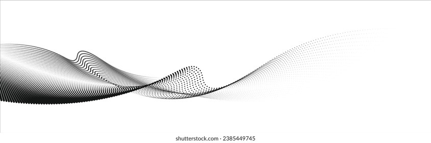 An abstract vector illustration, dots in motion by curve lines, particles flow wave isolated, monochrome black and white for technology, sound, music, and modern aesthetics