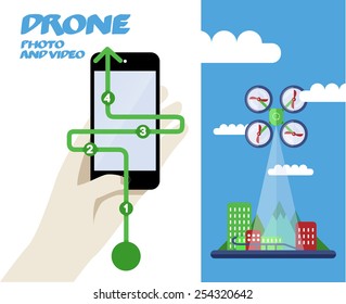 Abstract Vector Illustration with Drone or quadrocopter. Photo or Video City.