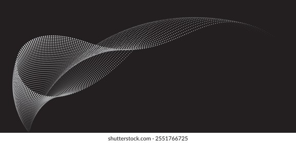 Una Ilustración vectorial abstracta, ondas de partículas dinámicas en un gradiente de semitono, formando una curva de puntos fluida contra un fondo blanco. 