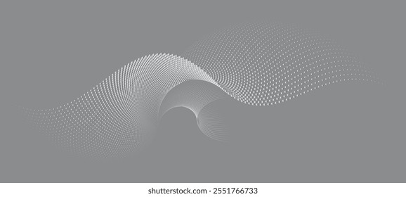An abstract vector illustration, dynamic particle waves in a halftone gradient, forming a flowing dot curve against a white backdrop. 
