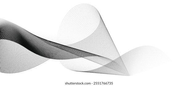 An abstract vector illustration, dynamic particle waves in a halftone gradient, forming a flowing dot curve against a white backdrop. 