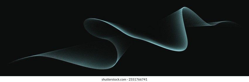 An abstract vector illustration, dynamic particle waves in a halftone gradient, forming a flowing dot curve against a white backdrop. 