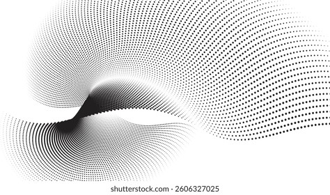 An abstract vector illustration, dynamic particle waves in a halftone gradient, forming a flowing dot curve against a white backdrop, embodying technology, sound, and modern aesthetics.