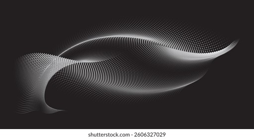 An abstract vector illustration, dynamic particle waves in a halftone gradient, forming a flowing dot curve against a white backdrop, embodying technology, sound, and modern aesthetics.