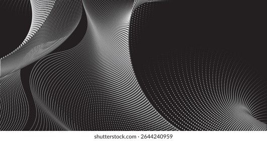 Ilustração vetorial abstrata, ondas de partículas dinâmicas em um gradiente de meio-tom, formando uma curva de pontos fluindo contra um fundo preto, incorporando tecnologia, som, música e estética moderna