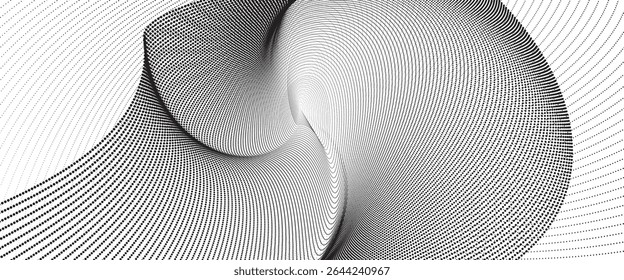 Ilustração vetorial abstrata, ondas de partículas dinâmicas em um gradiente de meio-tom, formando uma curva de pontos fluindo contra um fundo preto, incorporando tecnologia, som, música e estética moderna