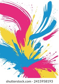 Abstract vector illustration of dynamic sports background with textured strokes in blue, magenta, and yellow splatter brush, creating a vibrant visual impact.