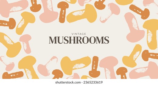 Abstract vector illustration of edible mushrooms. Graphic horizontal banner made of porcini in the shape of spots. Flat style. For menu design, covers, backgrounds, packaging