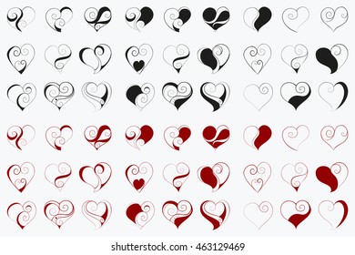 Abstract vector illustration of elegant floral zen tangle 56 hearts. Hand-drawn set. Black and red objects isolated on white background. For wedding, valentine day design. Eps 8.