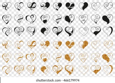 Abstract vector illustration of elegant floral zen tangle 56 hearts. Hand-drawn set. Black and gold glitter objects isolated on transparent background. For wedding, valentine day design. Eps 8.