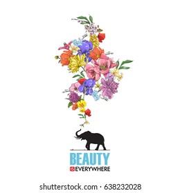 Abstract vector illustration of elephant and flowers.