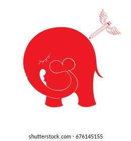Abstract vector illustration with elephant and hearts. Pencil with wings. Pencil with wings draws an elephant that keeps the trunk heart.