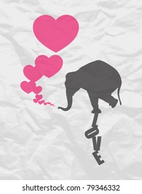 Abstract vector illustration with elephant and hearts on a paper-background.