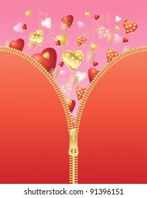 abstract vector illustration in eps 10 format of a brass or golden zipper opening to reveal decorative valentine hearts with lots of space for your text or romantic message
