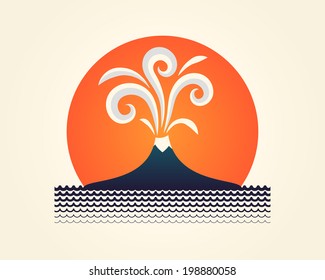 Abstract vector illustration with erupting volcano, sun and sea. 