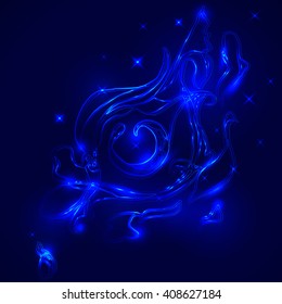 Abstract vector illustration of eyes on blue fire.