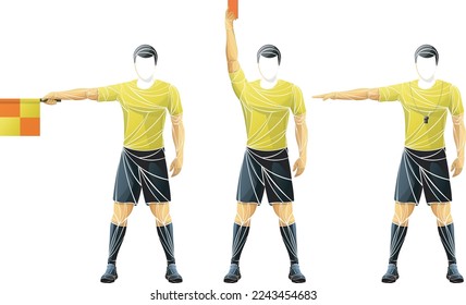 Abstract vector illustration of faceless football referees in different decision-making poses: assistant referee with flag, central referee showing red card, and referee pointing direction.