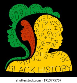 Abstract vector illustration of faces with letters for Black History Month on an isolated black background
