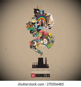 Abstract vector illustration with factory and magic smoke.