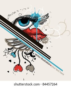 abstract vector illustration of a fantasy blue eye, red lips with piercing ,hearts and wings