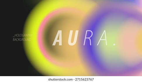 Abstract vector illustration features blurred circular gradients in vibrant neon yellow, pink, purple, and cyan blending into a soft holographic glow on a dark background. Futuristic ethereal digital aesthetics.