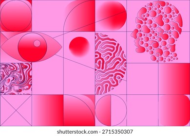 La Ilustración vectorial Abstractas presenta Formas geométricas, Gradientes y patrones orgánicos en tonos rojos y rosados. Ilustración vectorial conceptual para el arte moderno, la creatividad y la ciencia.
