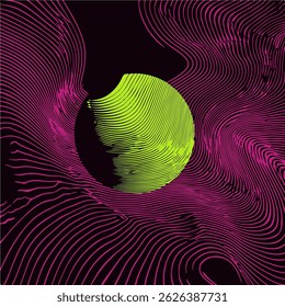 Abstract vector illustration features a neon green sphere surrounded by dynamic, flowing magenta lines on a black background, creating a sense of motion and energy.
