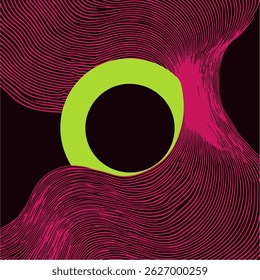 Abstract vector illustration features a neon green sphere surrounded by dynamic, flowing magenta lines on a black background, creating a sense of motion and energy.