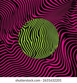 Abstract vector illustration features a neon green sphere surrounded by dynamic, flowing magenta lines on a black background, creating a sense of motion and energy.