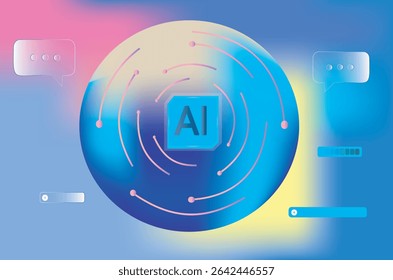 Abstract vector illustration featuring AI in a blue square, surrounded by dynamic pink arcs and UI elements. Gradient background, modern tech look, and futuristic interface design.