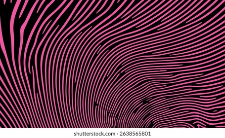 Abstract vector illustration featuring black wavy lines on a vibrant pink background, resembling a zebra pattern. The image is made in a modern, trendy op-art style popular in contemporary design.
