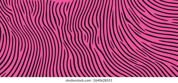 Abstract vector illustration featuring black wavy lines on a vibrant pink background, resembling a zebra pattern. The image is made in a modern, trendy op-art style popular in contemporary design.
