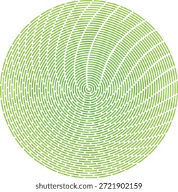 Ilustración vectorial Abstractas con líneas punteadas de color verde lima brillante dispuestas en un patrón circular y radial, aisladas sobre un fondo blanco limpio. Este diseño geométrico hipnótico sugiere tecnología, ritmo o una huella digital.