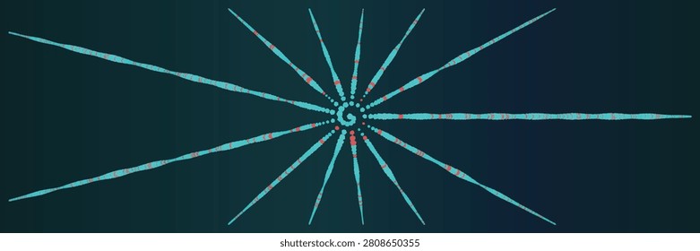 An abstract vector illustration featuring a central spiral emitting multiple radiating lines composed of blue and red particles, set against a dark teal background.