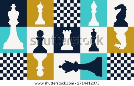 Abstract vector illustration featuring chess pieces and geometric board patterns. Modern composition showcasing strategy, logic, and classic game elements for design, branding, and educational use.