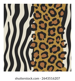 Abstract vector illustration featuring a combination of zebra stripes and leopard spots in a modern, minimalist style. The design uses a neutral color palette for a sophisticated look.