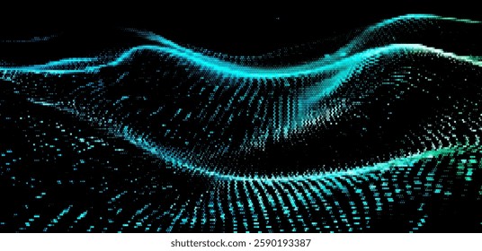 An abstract vector illustration featuring dynamic blue waves of particles on a dark background, conveying a sense of motion and digital flow with vibrant energy.