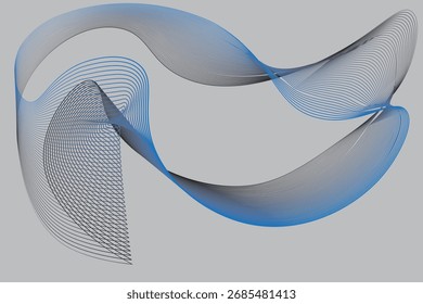 An abstract vector illustration featuring flowing, wavy line art that creates a dynamic, three-dimensional form with a blend of black, grey, and blue colors against a solid grey background