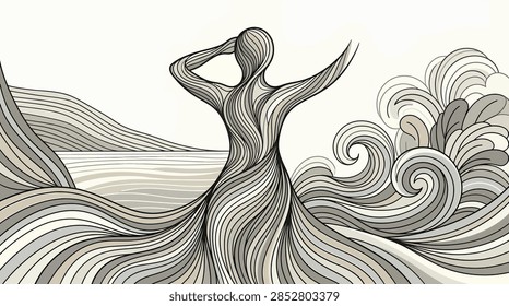 Abstract vector illustration featuring a human silhouette composed of flowing grey lines merging into stylized ocean waves and sea foam under a minimalist horizon background.
