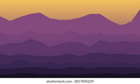 Abstract vector illustration featuring layered purple hills and mountain silhouettes beneath a warm golden sky in a minimalist flat design. Perfect for wallpapers, website headers, banners, presentations, branding, travel, outdoor, and environmental design projects.