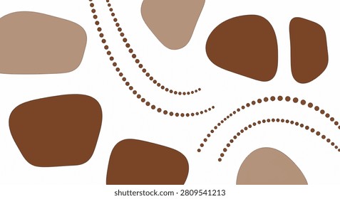 Abstract vector illustration featuring organic rust-brown and beige stone shapes with curved dotted lines on a clean white background, minimalist earth-toned graphic design for decor.