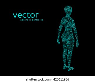Abstract vector illustration of female body on black background. Perspective back view.