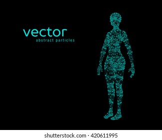 Abstract vector illustration of female body on black background. Perspective front view.